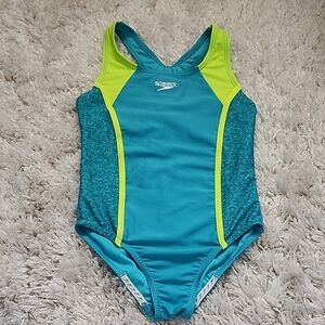 Speedo Kids Swim One-Piece - Teal and Neon Yellow Size S 6/7